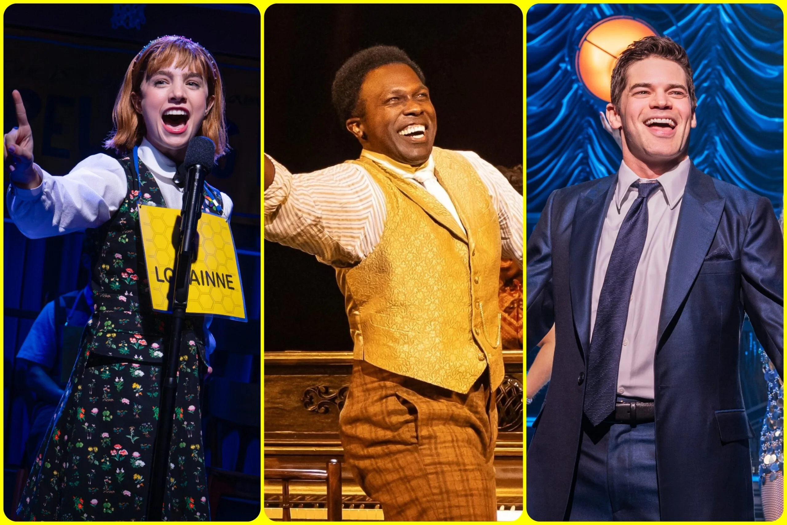 A collage of production photos from "The 25th Annual Putnam County Spelling Bee," "Ragtime," and "Just in Time."