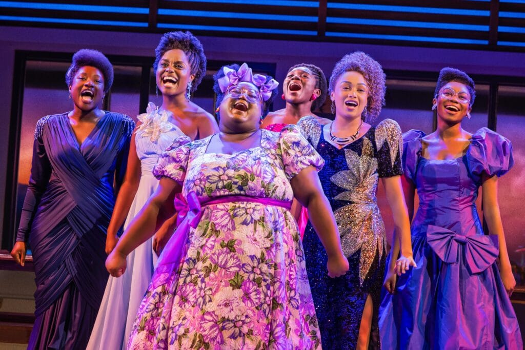 (l-r) Lucia Aremu, Denée Bento, Erin Morton, Nia Otcher-Sarfo, Jasmine Amy Rogers, and Jordan Rice in "School Girls; Or The African Mean Girls Play."