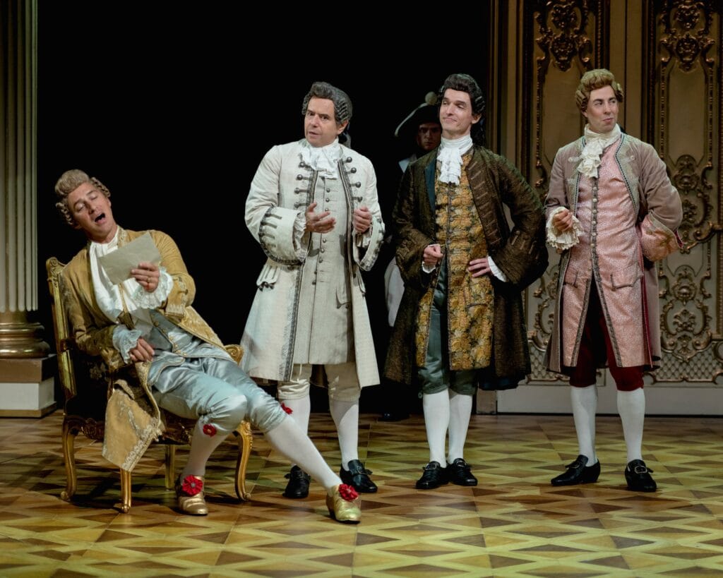 (l-r) Stephen Hagan, Christopher Staines, Toby Webster, and Matthew Romain in "The Score." Photo by Teresa Castracane.