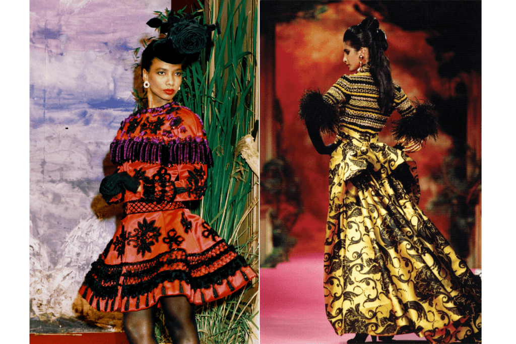 Christian Lacroix runway, Palais Galliera, 1987; Christian Lacroix, Coup de roulis sweater and skirt ensemble, 1991. 