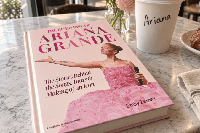 Ariana Grande book on a café table beside a to-go coffee cup with "Ariana" written on it