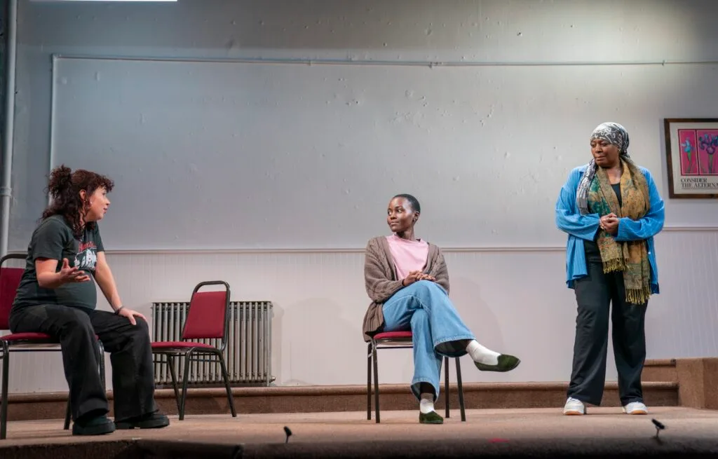 (l-r) Sarah Steele, Lupita Nyong'o, and Dael Orlandersmith in "Pre-Existing Condition."
