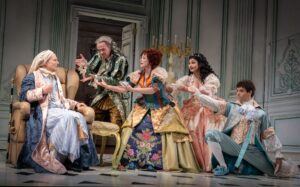 (l to r) Bill Irwin, Dylan Baker, Rachel Bloom, Ava Lalezarzadeh, and Daniel Croix Henderson in "The Imaginary Invalid."