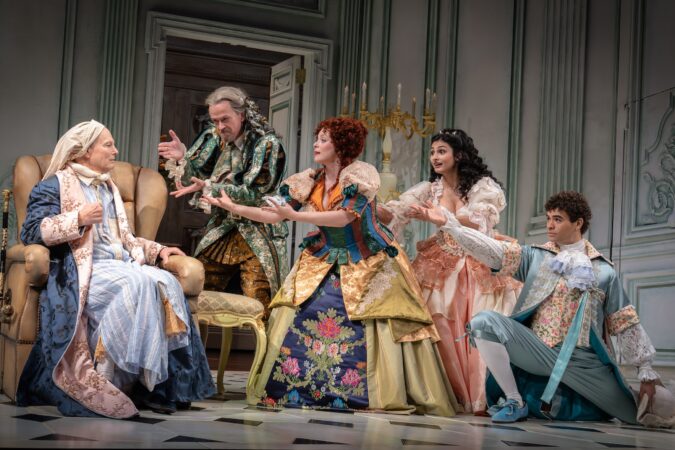 (l to r) Bill Irwin, Dylan Baker, Rachel Bloom, Ava Lalezarzadeh, and Daniel Croix Henderson in "The Imaginary Invalid."